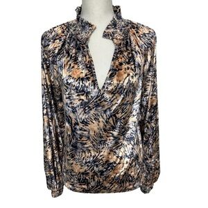 Free People Crushed Velvet Balloon
Sleeve Boho Blouse Blue Tan Smocked SZ Large